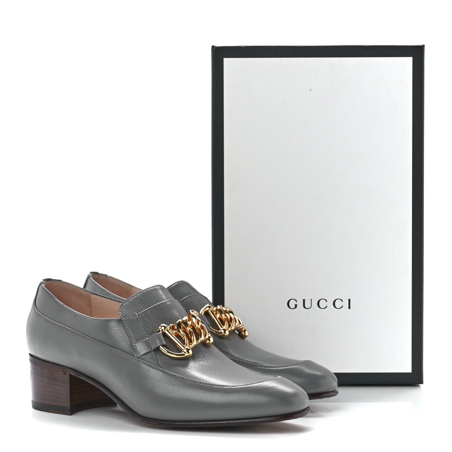 Gucci Goatskin Womens Chain Mid-Heel Loafers 39 Dusty Grey 10 of 10
