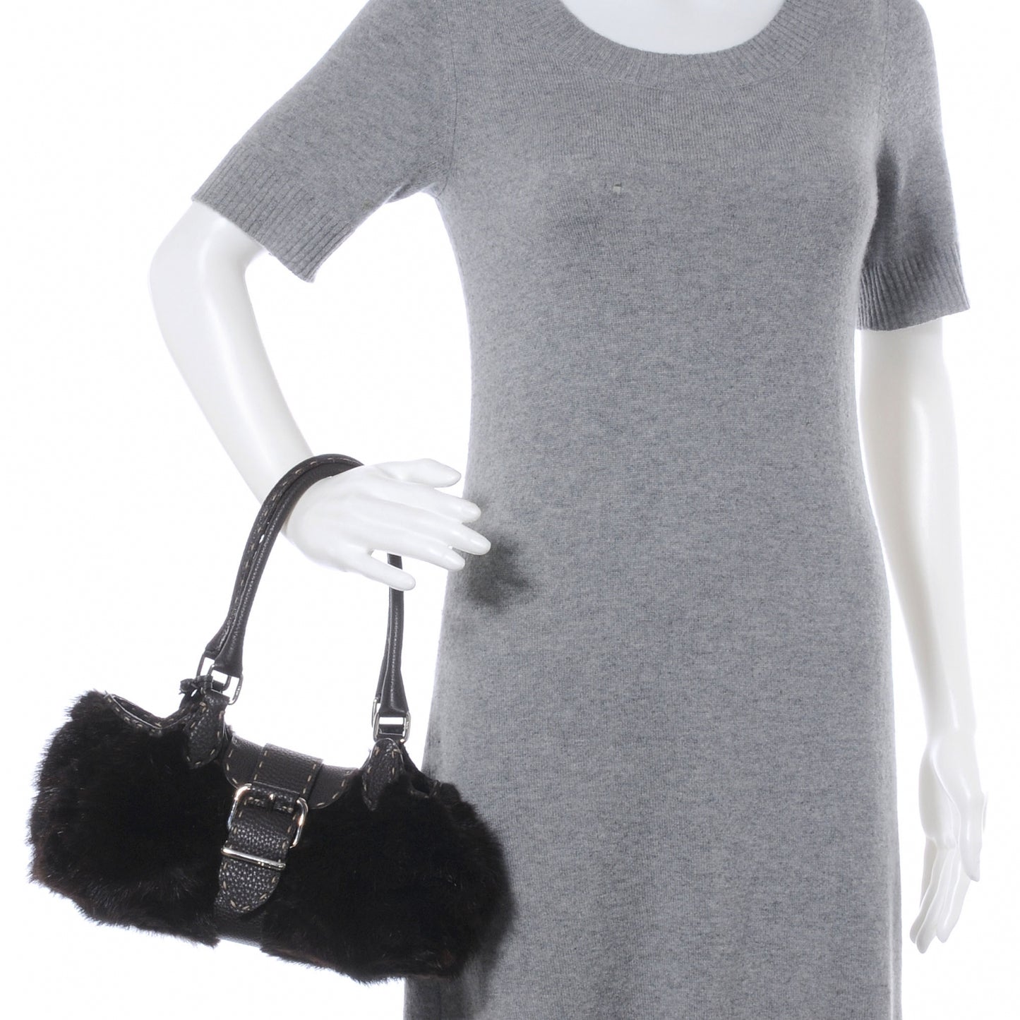 Mink Fur Calfskin Romano Selleria Shoulder Bag Brown