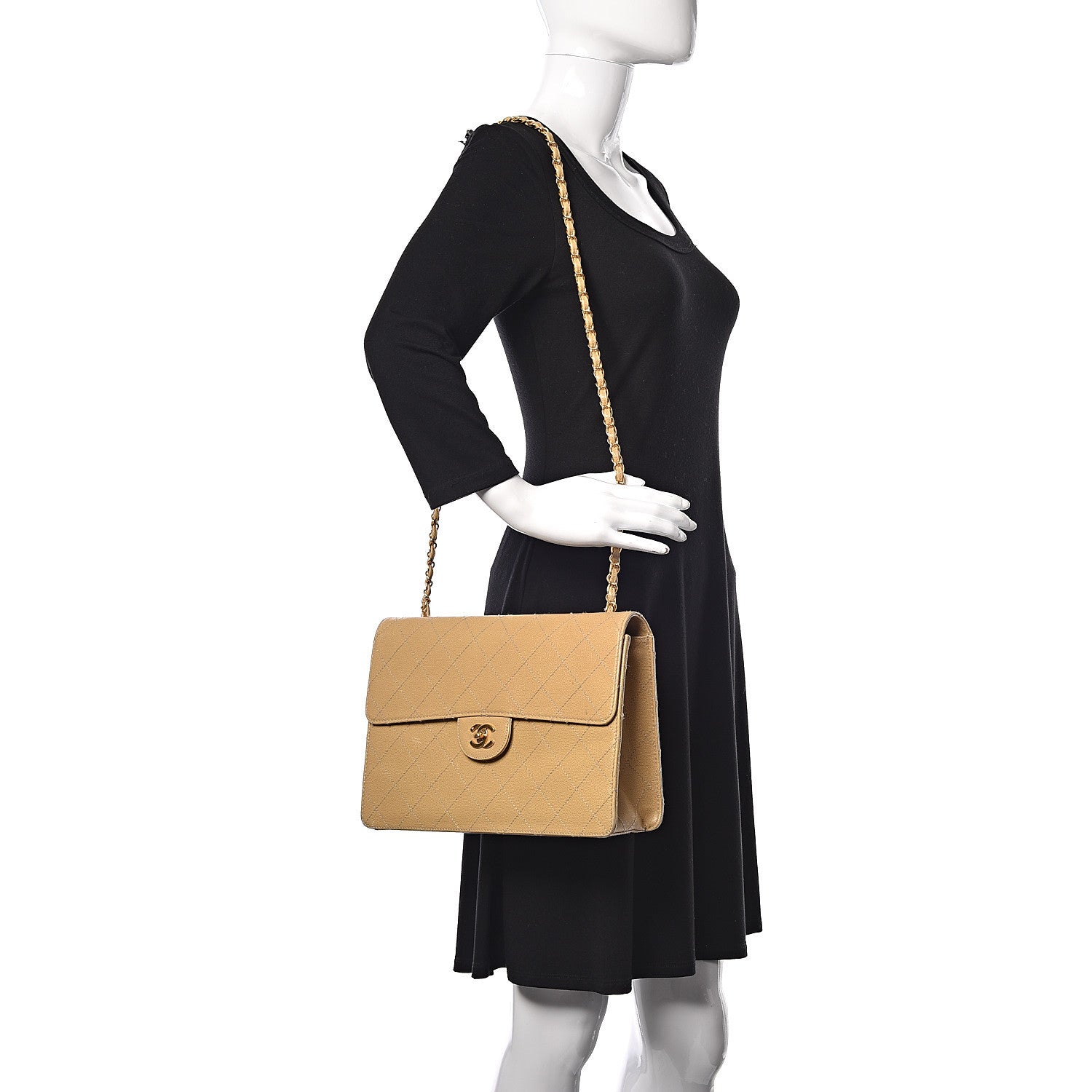Chanel Caviar Stitched Jumbo Single Flap Beige 2 of 14