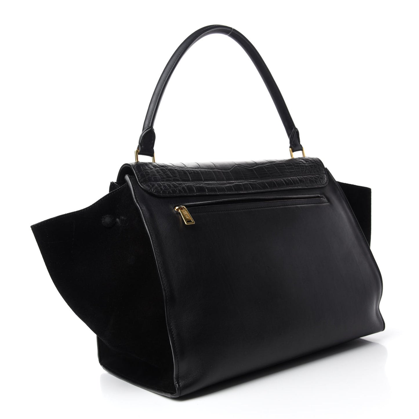 Calfskin Crocodile Embossed Suede Large Trapeze Black