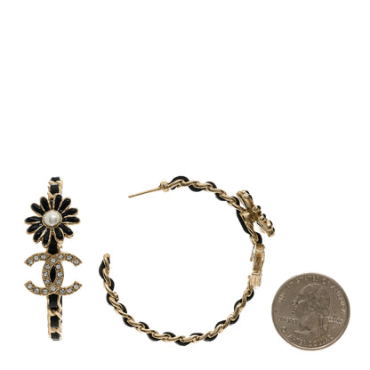 Chanel Lambskin Crystal Pearl CC Daisy CC Hoop Earrings Gold Black 2 of 5