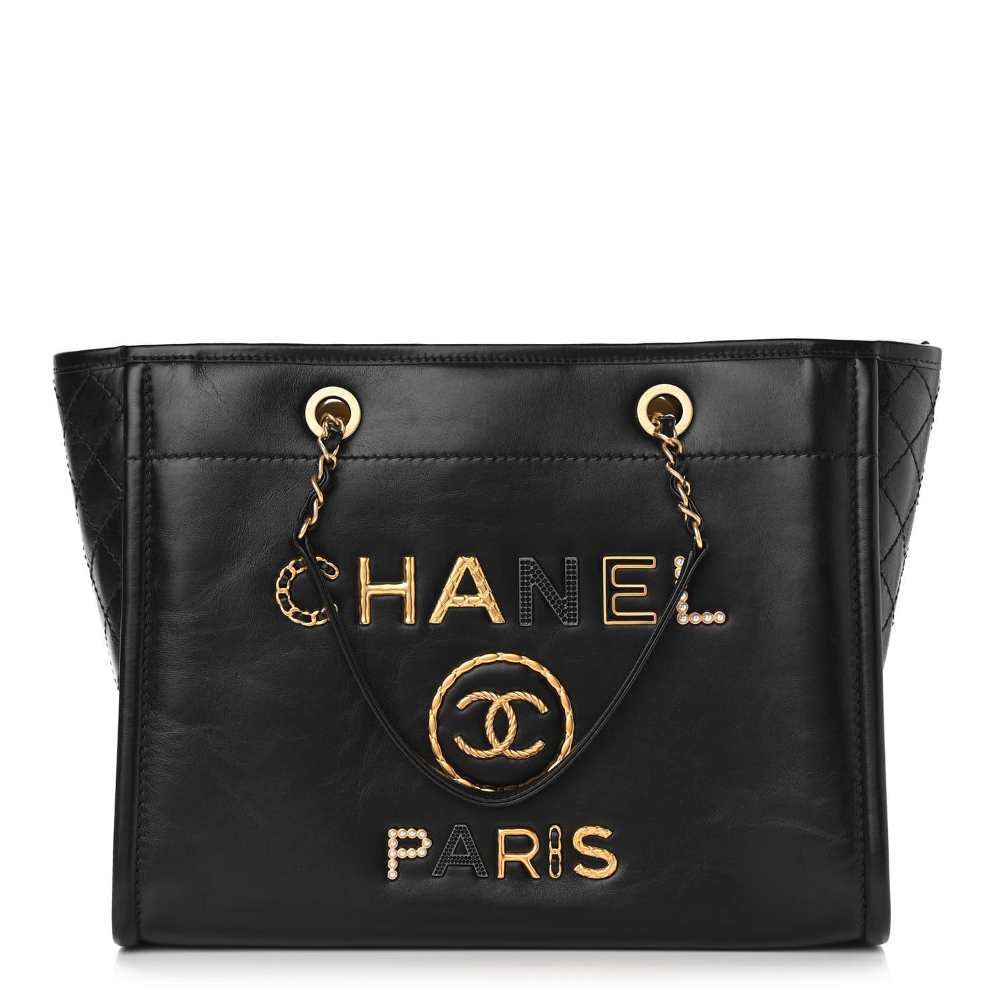 Aged Calfskin Small Charms Deauville Tote Black