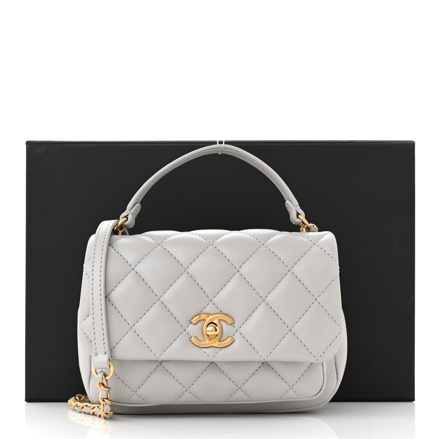 Calfskin Quilted Top Handle Flap Light Grey