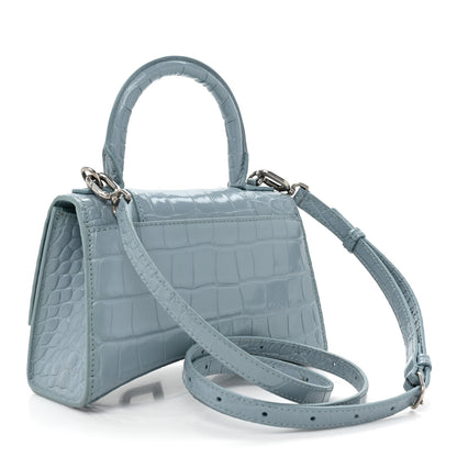 Balenciaga Shiny Calfskin Crocodile Embossed Hourglass Top Handle Bag XS Blue Grey 3 of 15