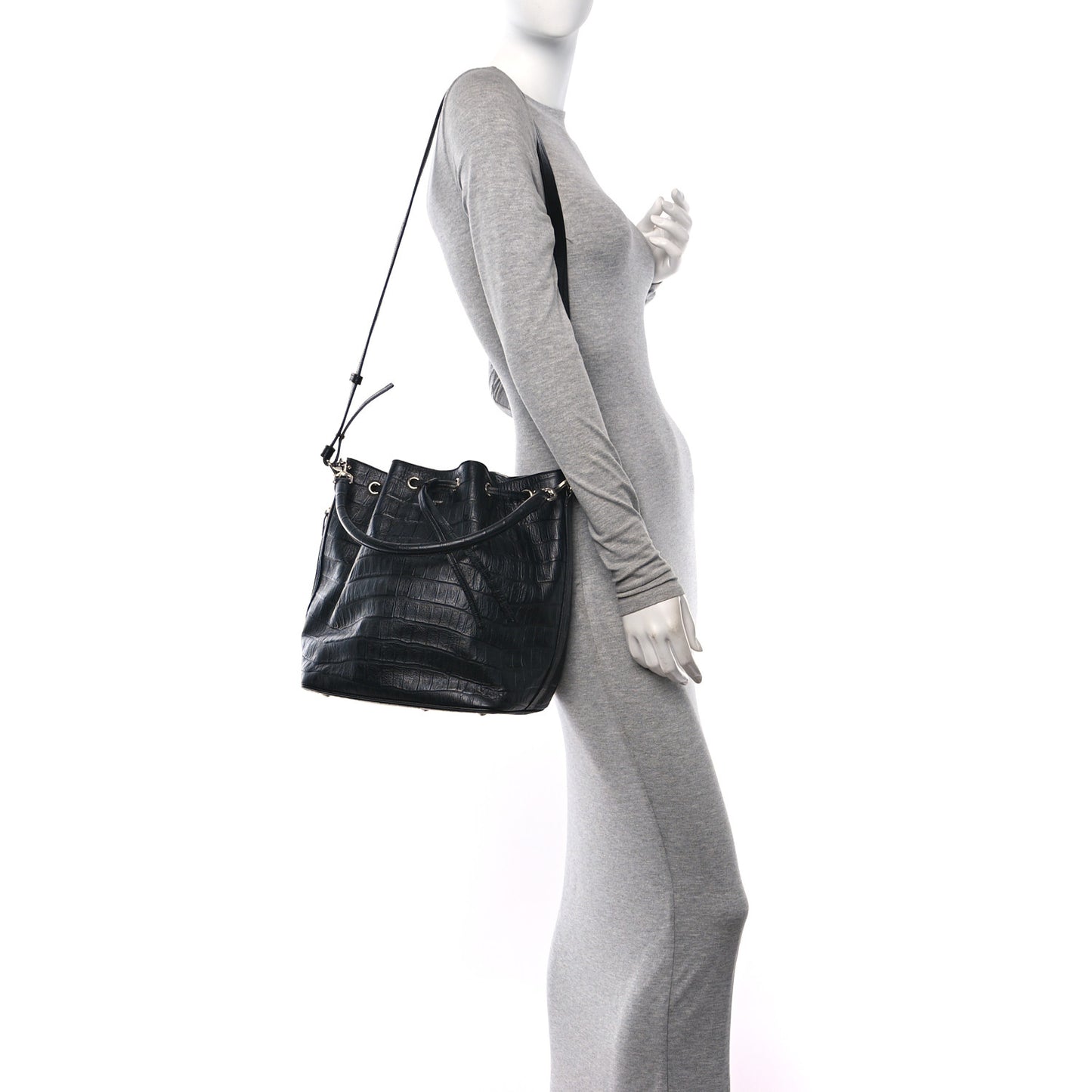 Calfskin Crocodile Embossed Large Emmanuelle Bucket Bag Black