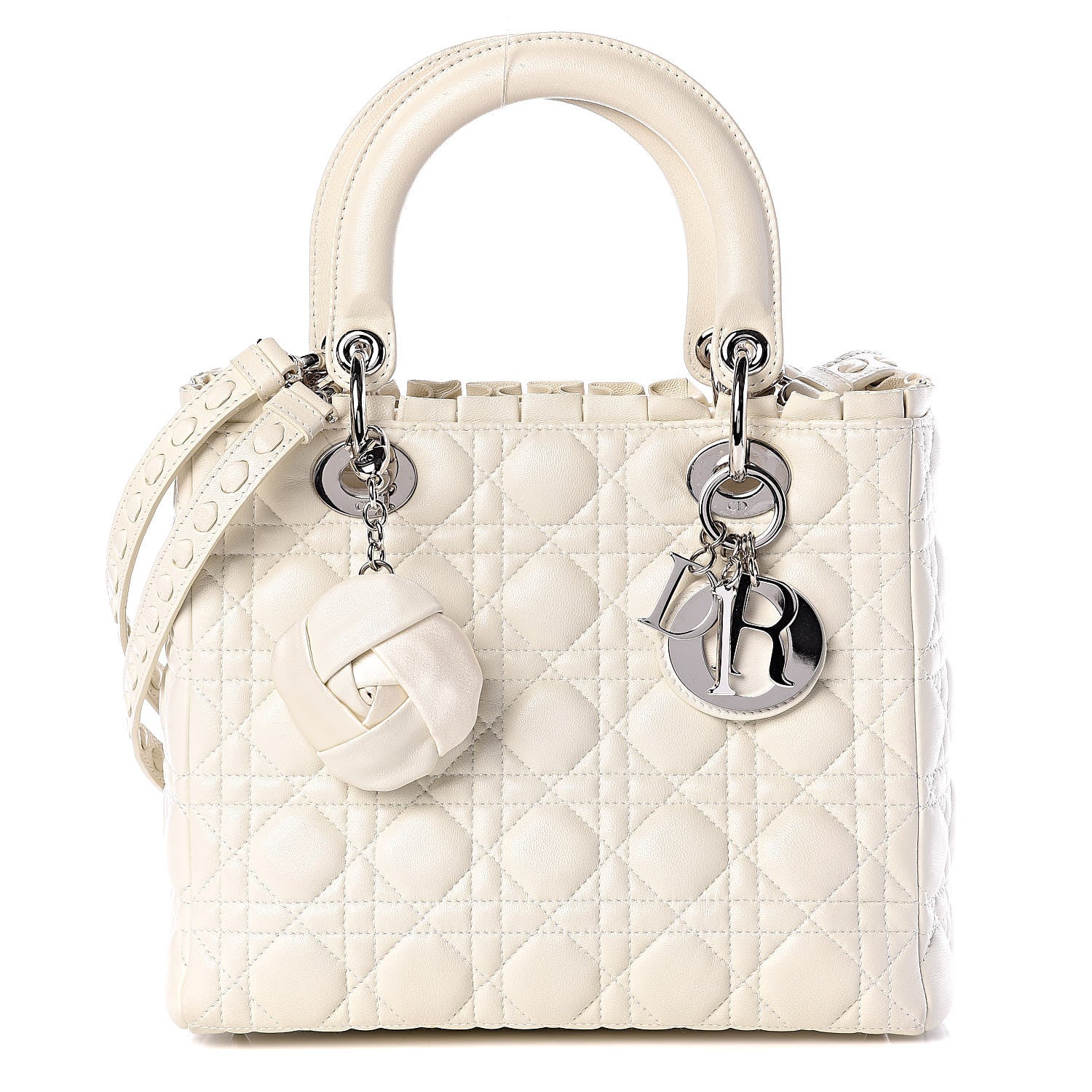 Christian Dior Lambskin Cannage Ruffle Trim Medium Lady Dior Off White 1 of 8
