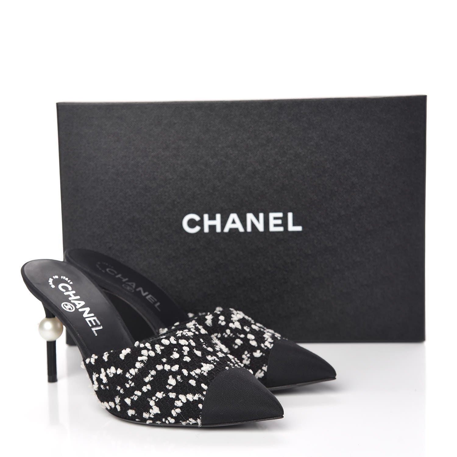 Chanel Tweed Grosgrain Pearl Mules 37 Black White 13 of 13