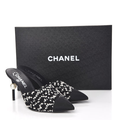 Chanel Tweed Grosgrain Pearl Mules 37 Black White 13 of 13