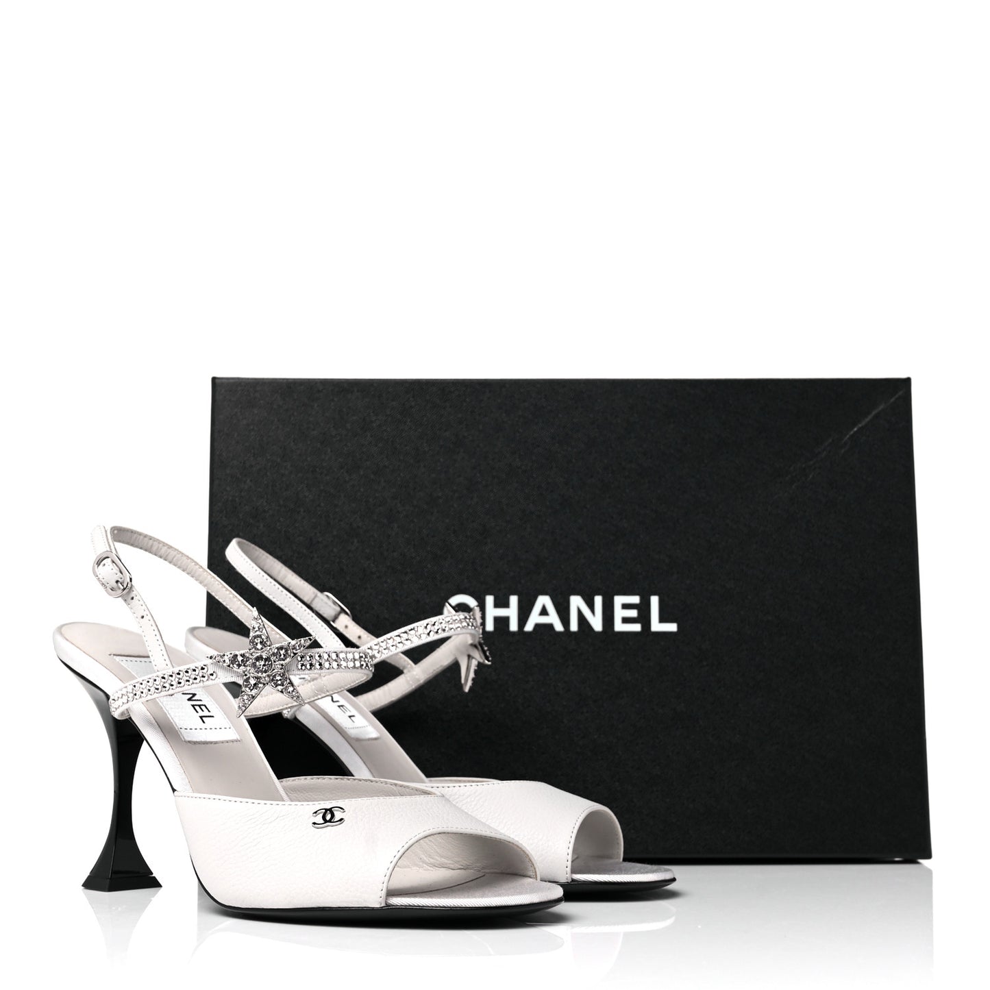 Grained Calfskin Strass CC Sandals 37.5 Light Gray