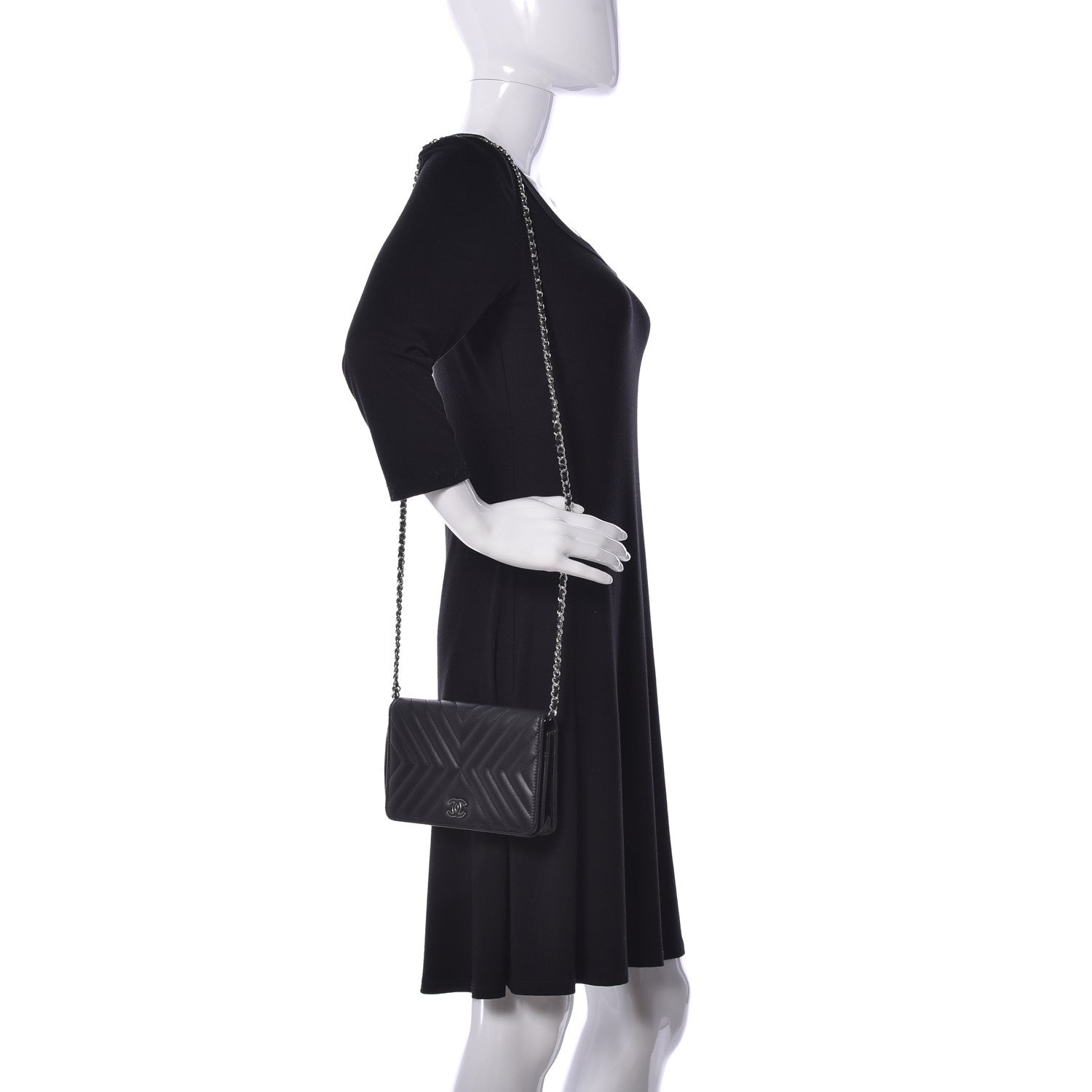 Chanel Calfskin Diagonal Chevron Quilted Tassel Wallet On Chain WOC Black 2 of 10