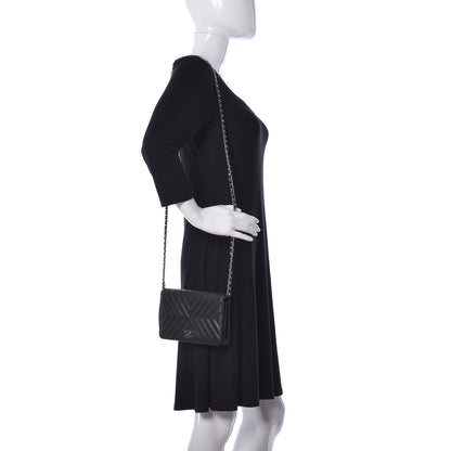Chanel Calfskin Diagonal Chevron Quilted Tassel Wallet On Chain WOC Black 2 of 10