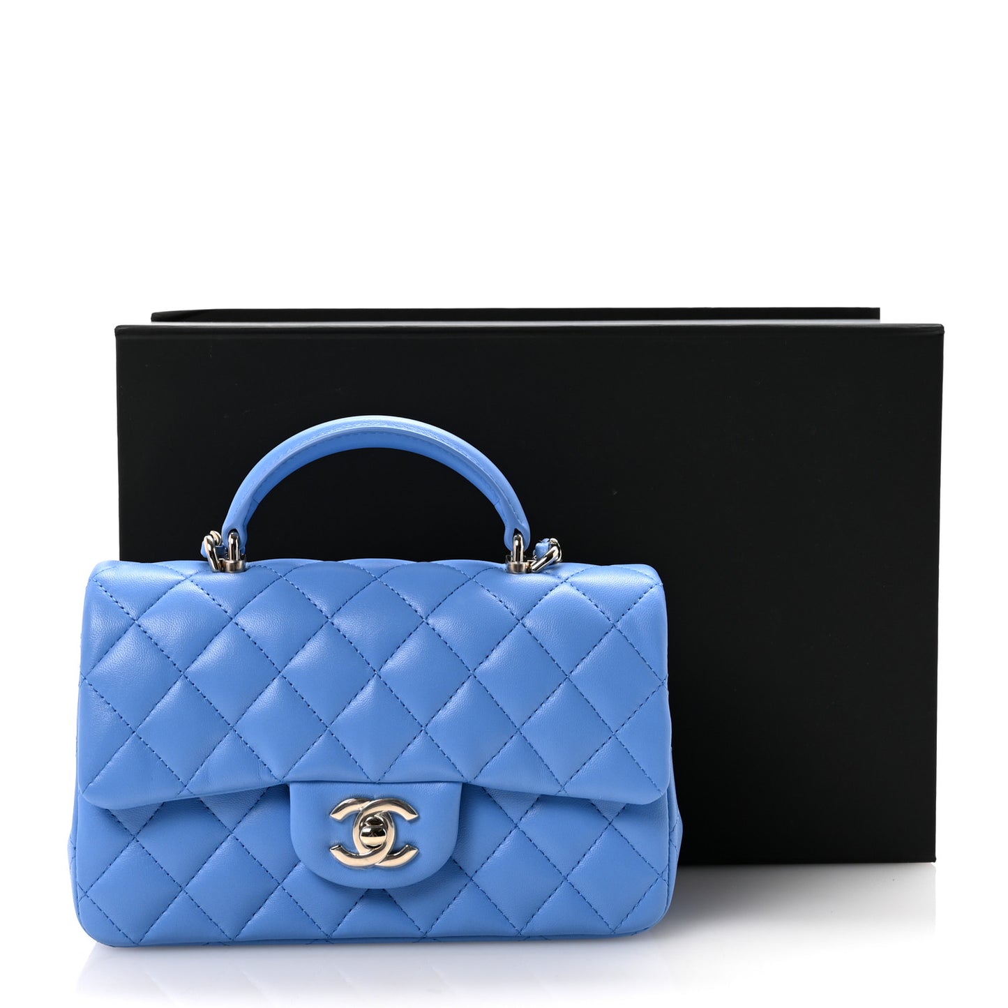 Lambskin Quilted Mini Top Handle Rectangular Flap Blue