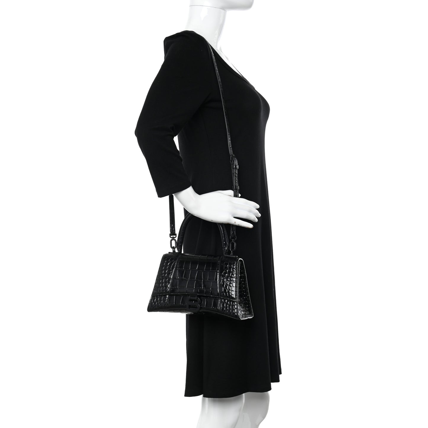 Shiny Calfskin Monochrome Crocodile Embossed Small Hourglass Top Handle Bag Black