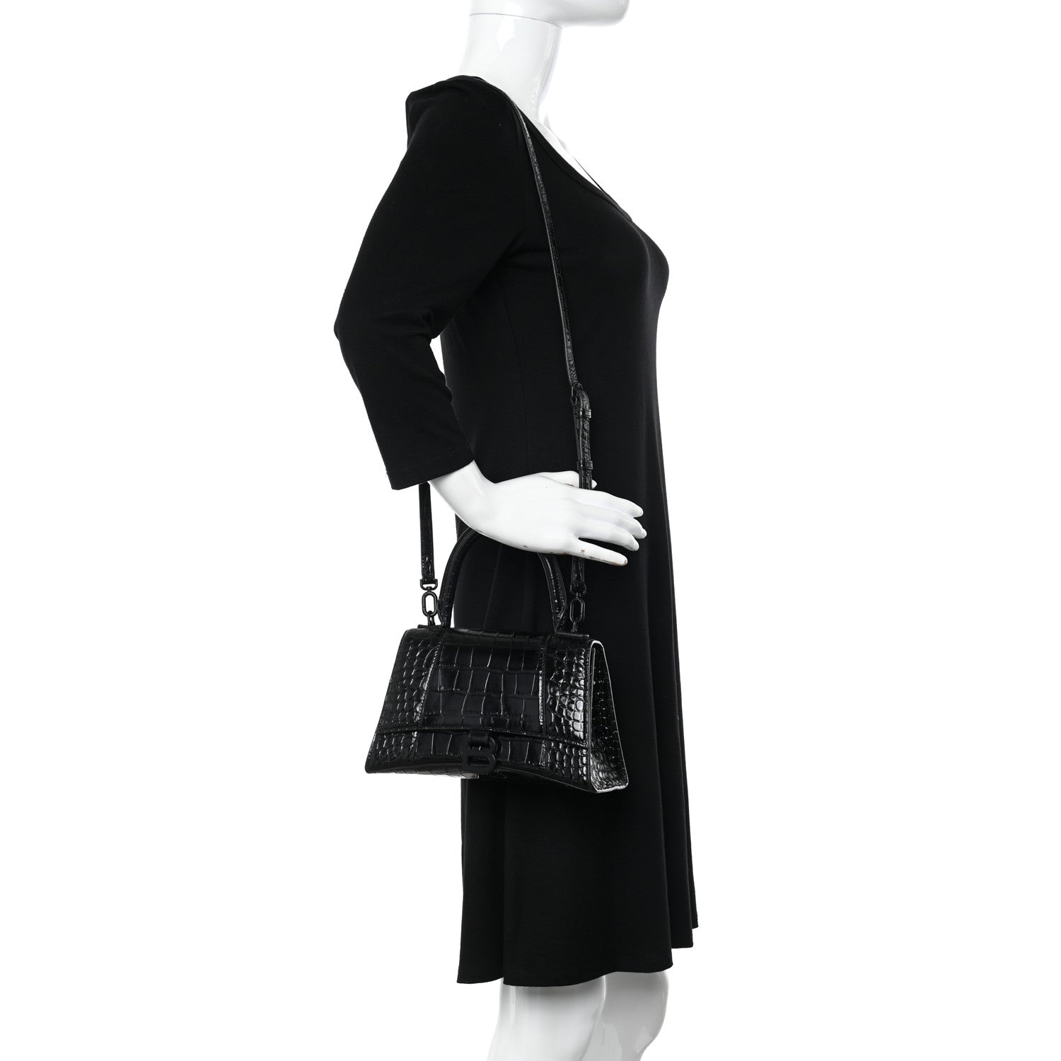 Balenciaga Shiny Calfskin Monochrome Crocodile Embossed Small Hourglass Top Handle Bag Black 2 of 11