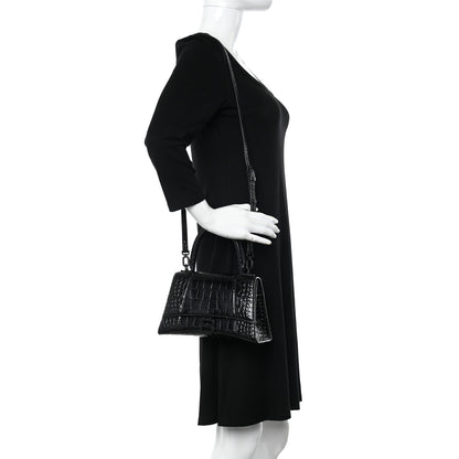 Balenciaga Shiny Calfskin Monochrome Crocodile Embossed Small Hourglass Top Handle Bag Black 2 of 11