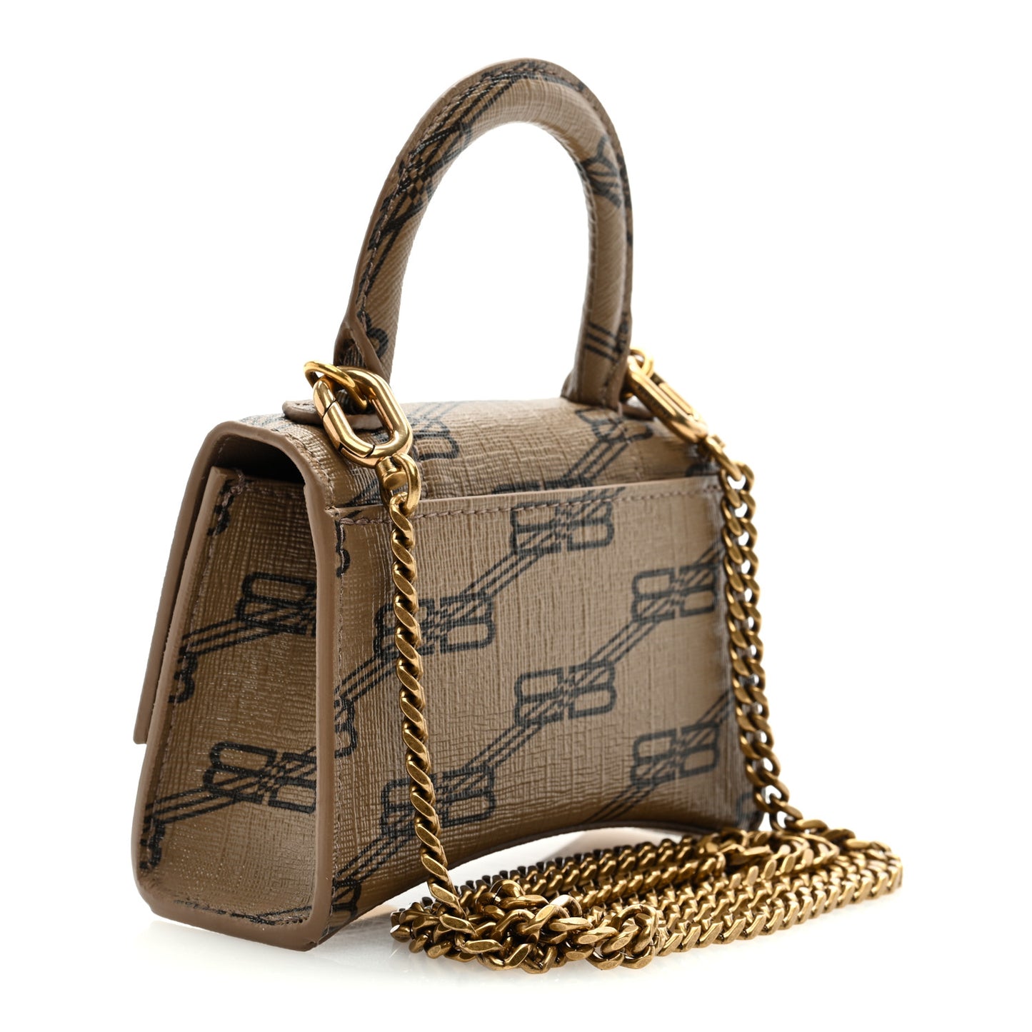 Coated Canvas BB Monogram Hourglass Top Handle Bag Mini with Chain Beige Brown