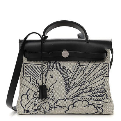 Hermes Vache Hunter Toile H Pegase Pop Herbag Zip Retourne 31 PM Bleu Indigo Ecru Black 3 of 13