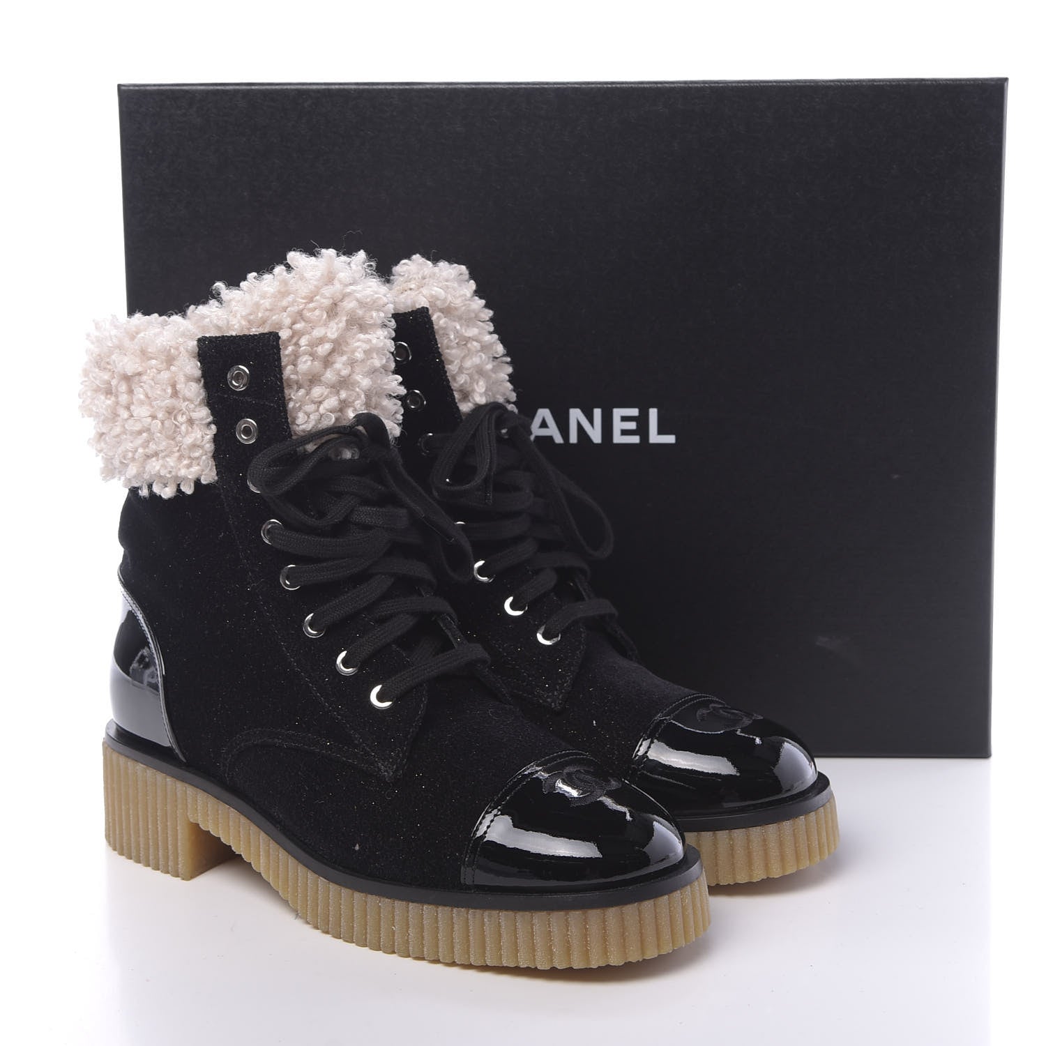 Chanel Calfskin Patent Fabric Lace Up Cap Toe CC Boots 39.5 Black Ivory 9 of 9