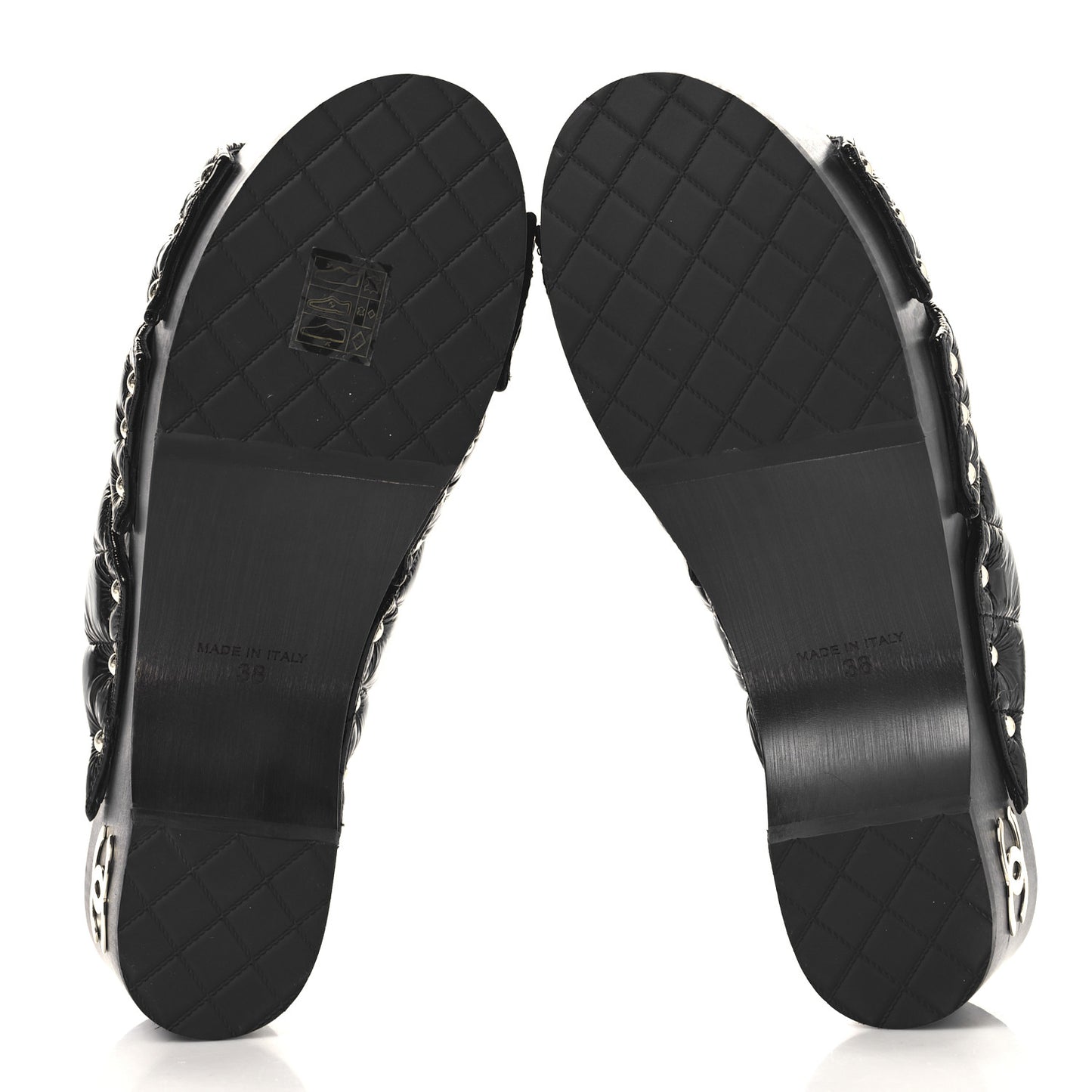 Patent Lambskin Quilted CC Clogs 38 Black