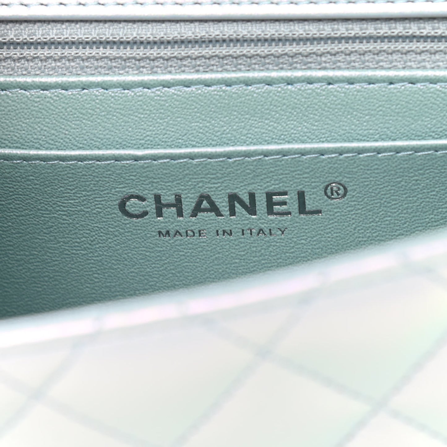 Iridescent Lambskin Quilted Mini Square Flap Light Blue