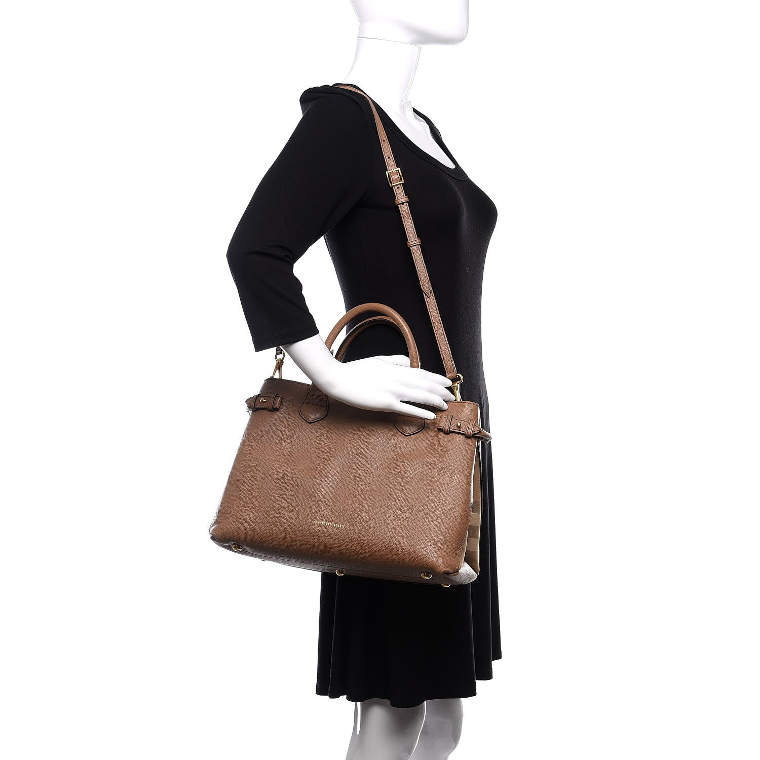 Burberry Grainy Calfskin House Check Medium Banner Tote Dark Sand 2 of 14