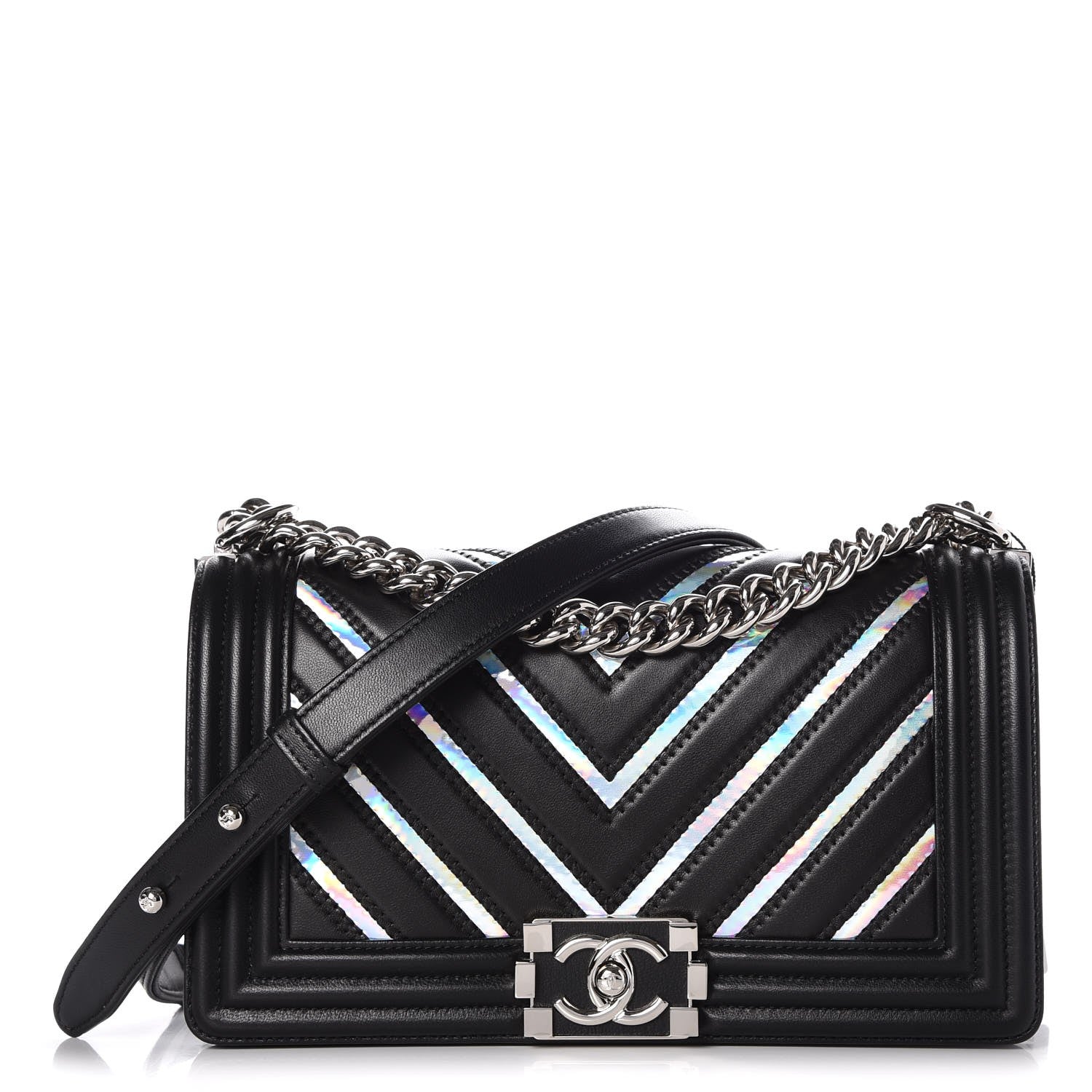 Chanel Lambskin Iridescent PVC Chevron Quilted Medium Boy Flap Black Silver 1 of 9