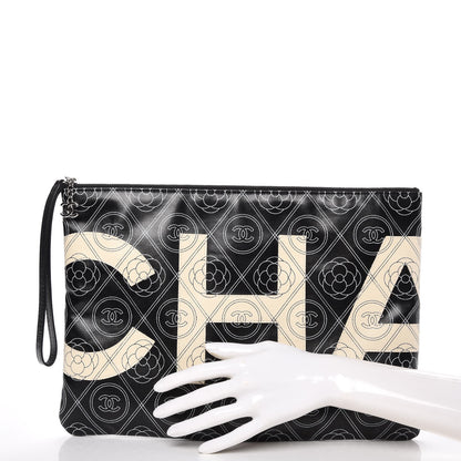Chanel Coated Canvas Camellia Printed Pouch Black Beige 2 of 8