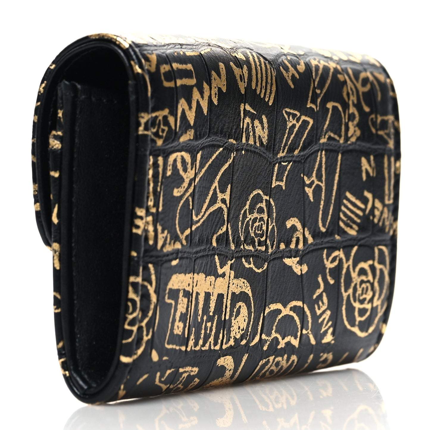 Calfskin Crocodile Embossed Graffiti 2.55 Cocodile Reissue Flap Card Holder Black Gold