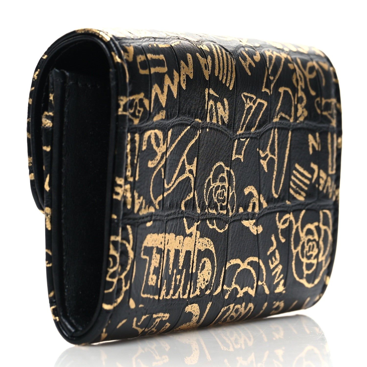 Chanel Calfskin Crocodile Embossed Graffiti 2.55 Cocodile Reissue Flap Card Holder Black Gold 3 of 9