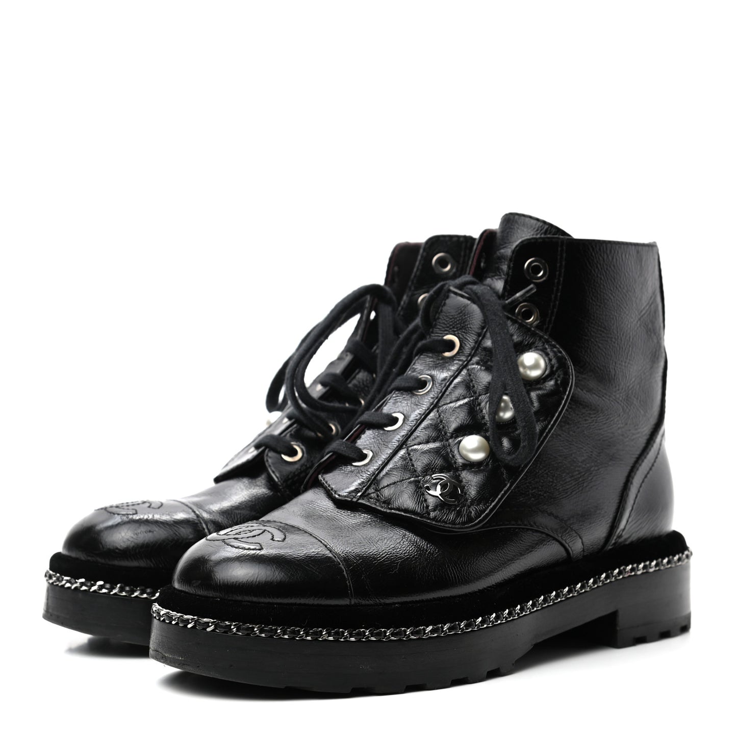Crackled Calfskin Velvet Pearl Combat Short Boots 35.5 Black