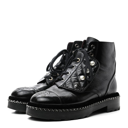 Chanel Crackled Calfskin Velvet Pearl Combat Short Boots 35.5 Black 3 of 9