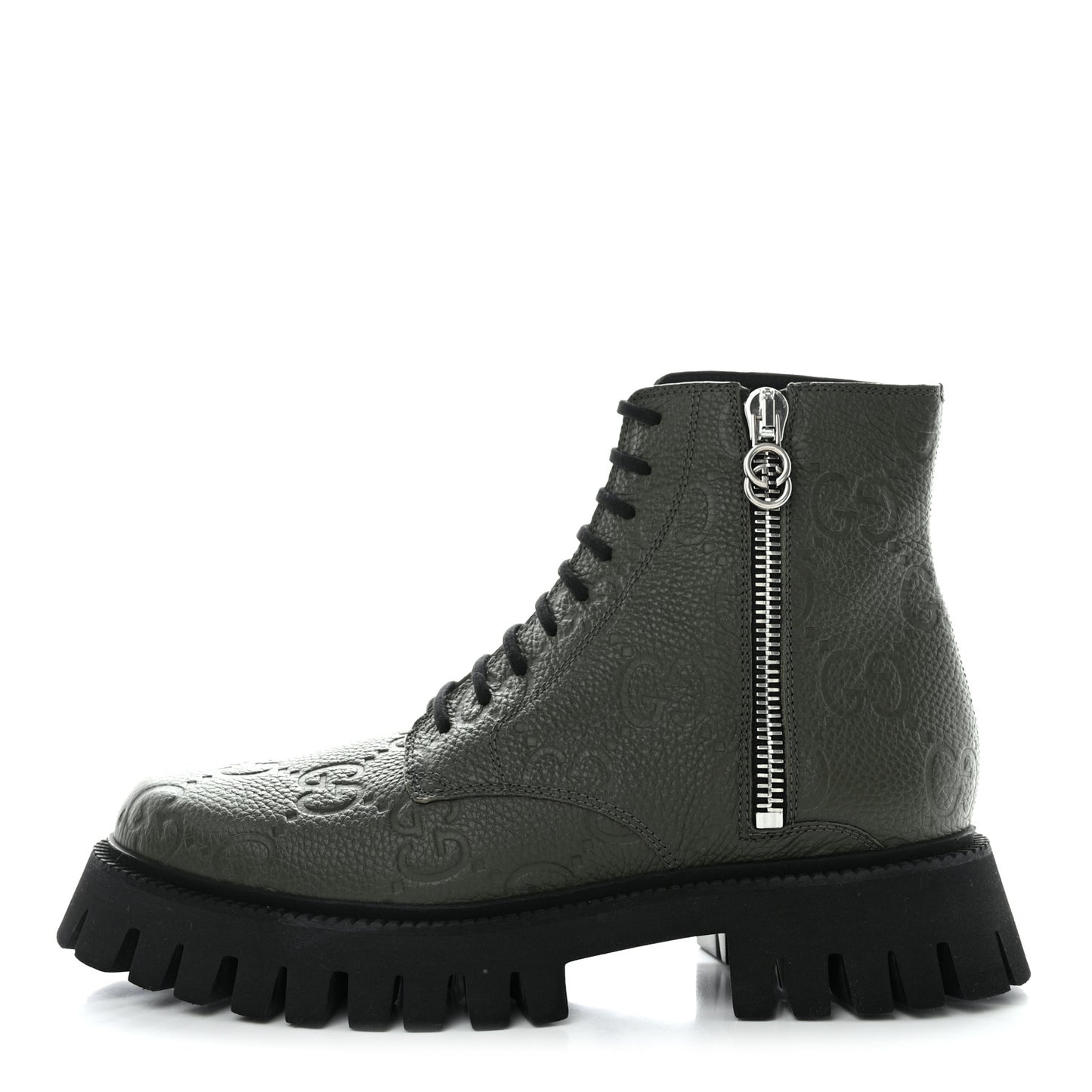 Calfskin Embossed Monogram Lace Up Ankle Boots 8 Green