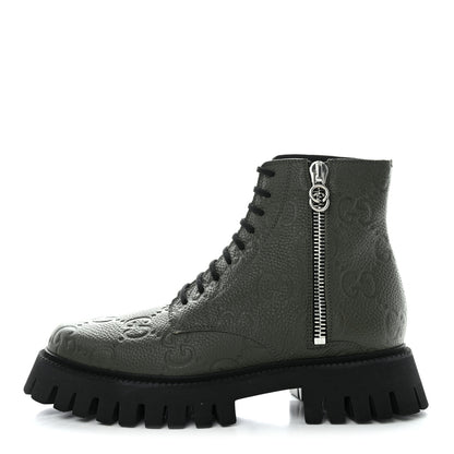 Gucci Calfskin Embossed Monogram Lace Up Ankle Boots 8 Green 1 of 9