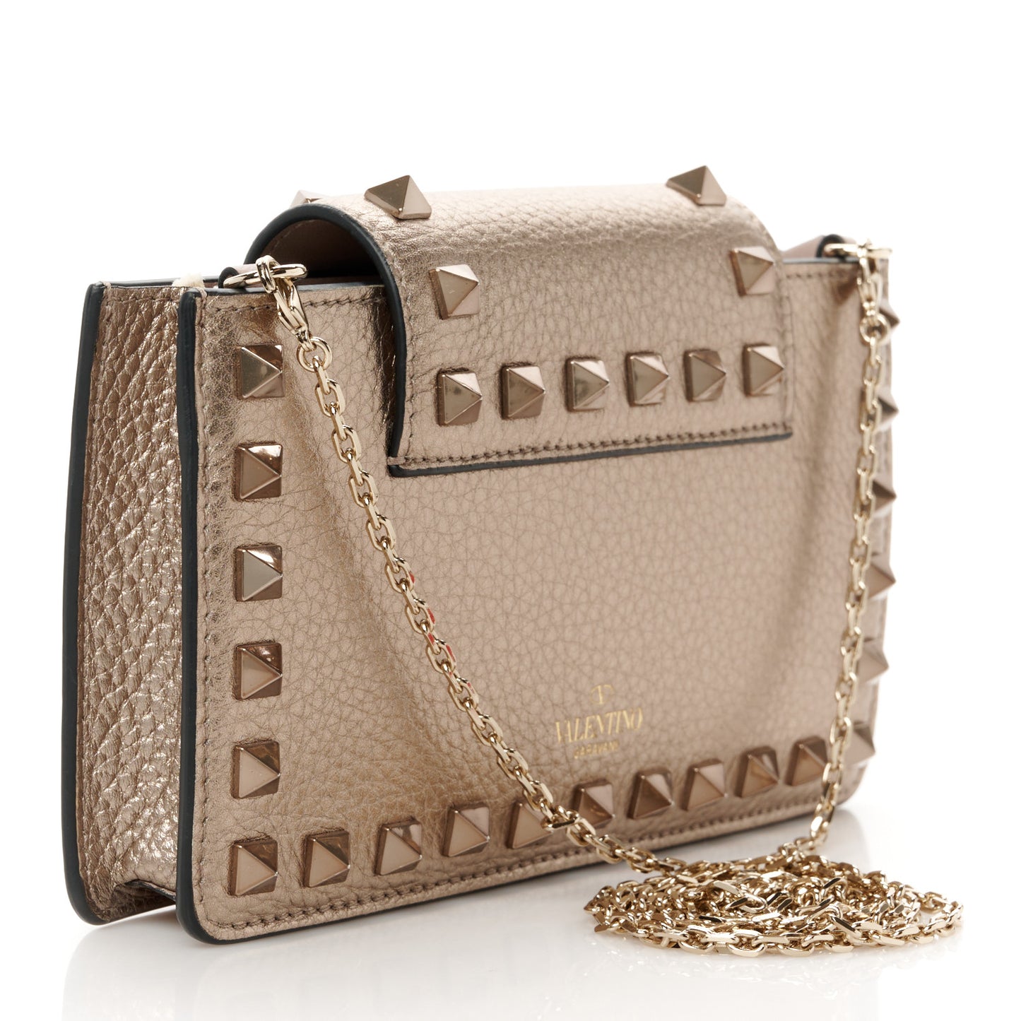 Metallic Pebbled Calfskin Rockstud Phone Case With Chain Sasso