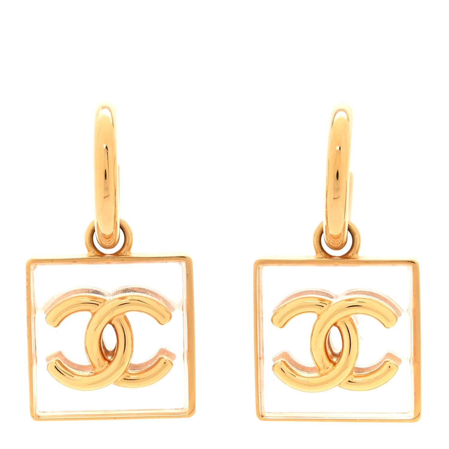 Chanel Metal Resin CC Square Drop Earrings Gold Transparent 1 of 5