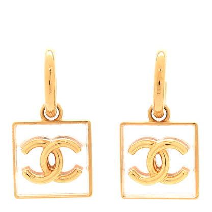 Chanel Metal Resin CC Square Drop Earrings Gold Transparent 1 of 5