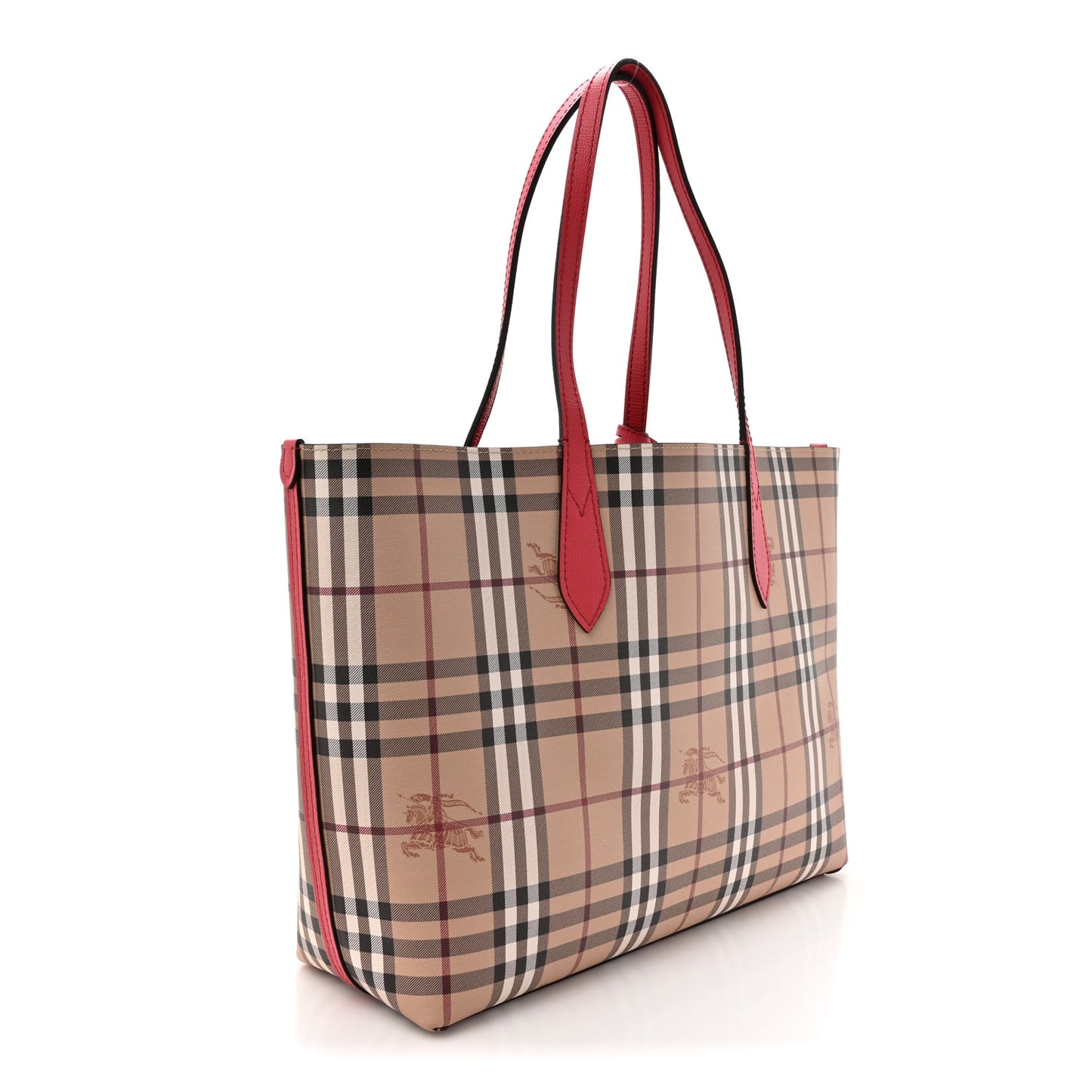 Grainy Calfskin Haymarket Check Medium Reversible Tote Coral Red