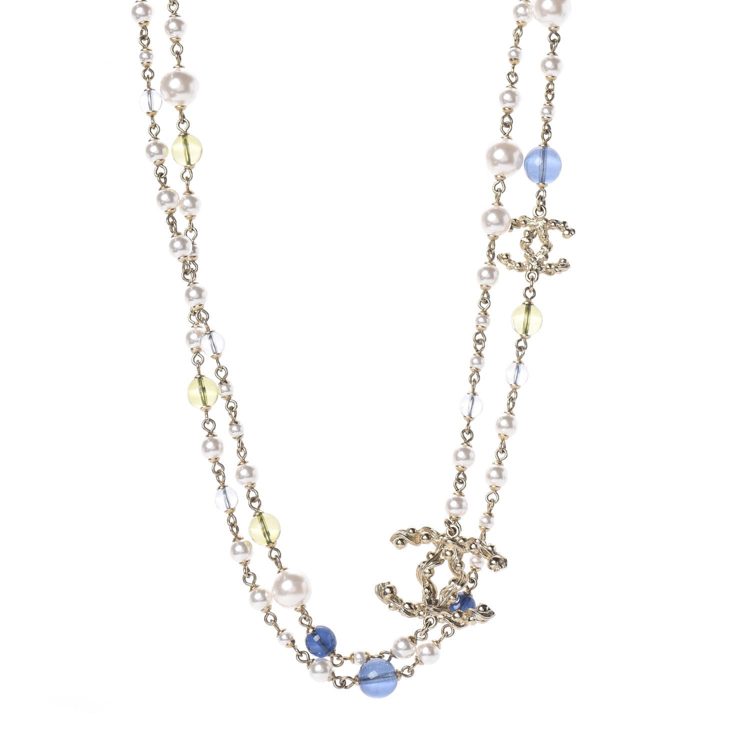 Chanel Pearl Glass Bead CC Long Necklace Blue Gold 1 of 3