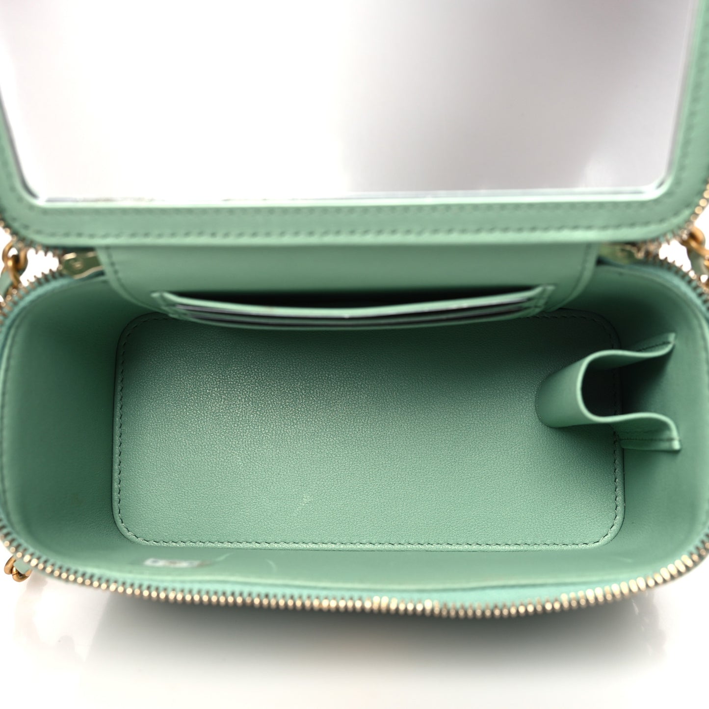 Shiny Calfskin Quilted Small Top Handle Vanity Case With Chain Light Green
