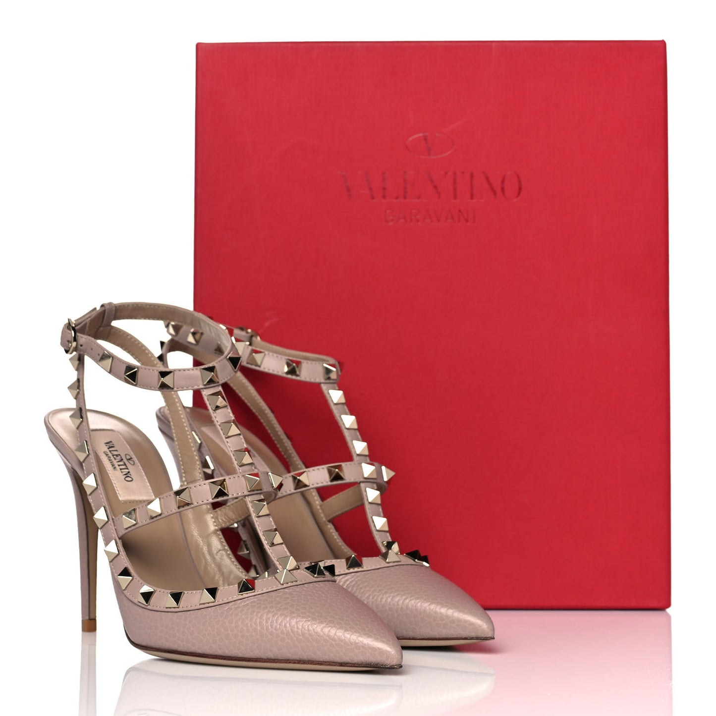 Pebbled Calfskin Rockstud Ankle Strap Pumps 38.5 Poudre