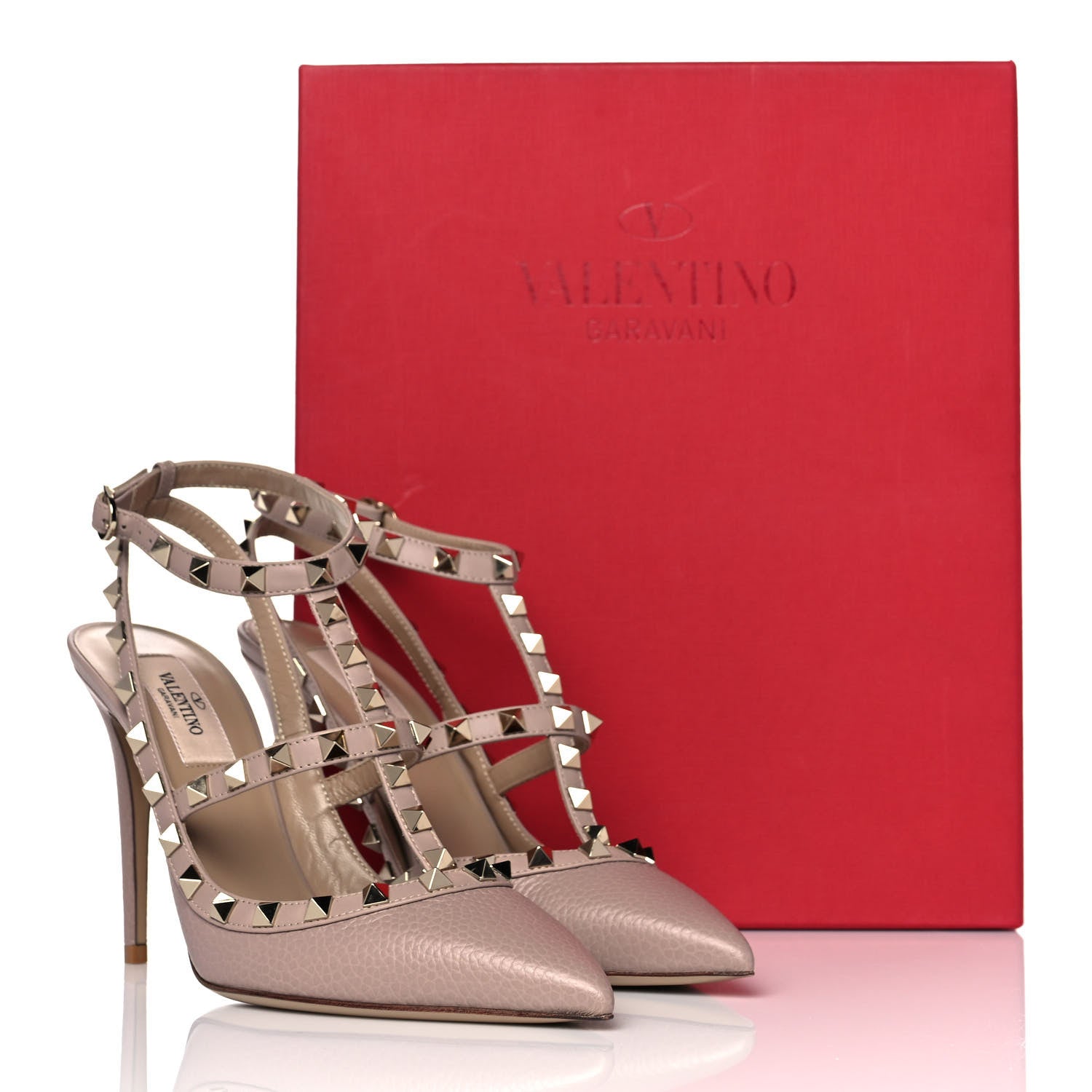 Valentino Garavani Pebbled Calfskin Rockstud Ankle Strap Pumps 38.5 Poudre 9 of 9