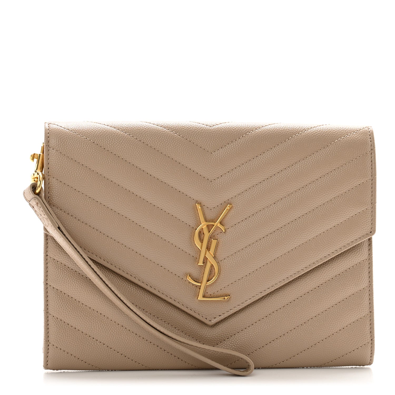 Saint Laurent Grain De Poudre Matelasse Chevron Monogram Envelope Clutch Dark Beige 1 of 8