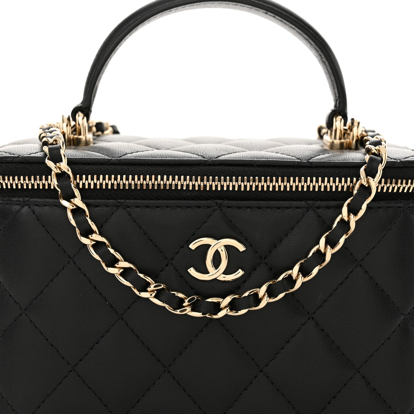 Lambskin Quilted Small Top Handle Vanity Case With Chain Black