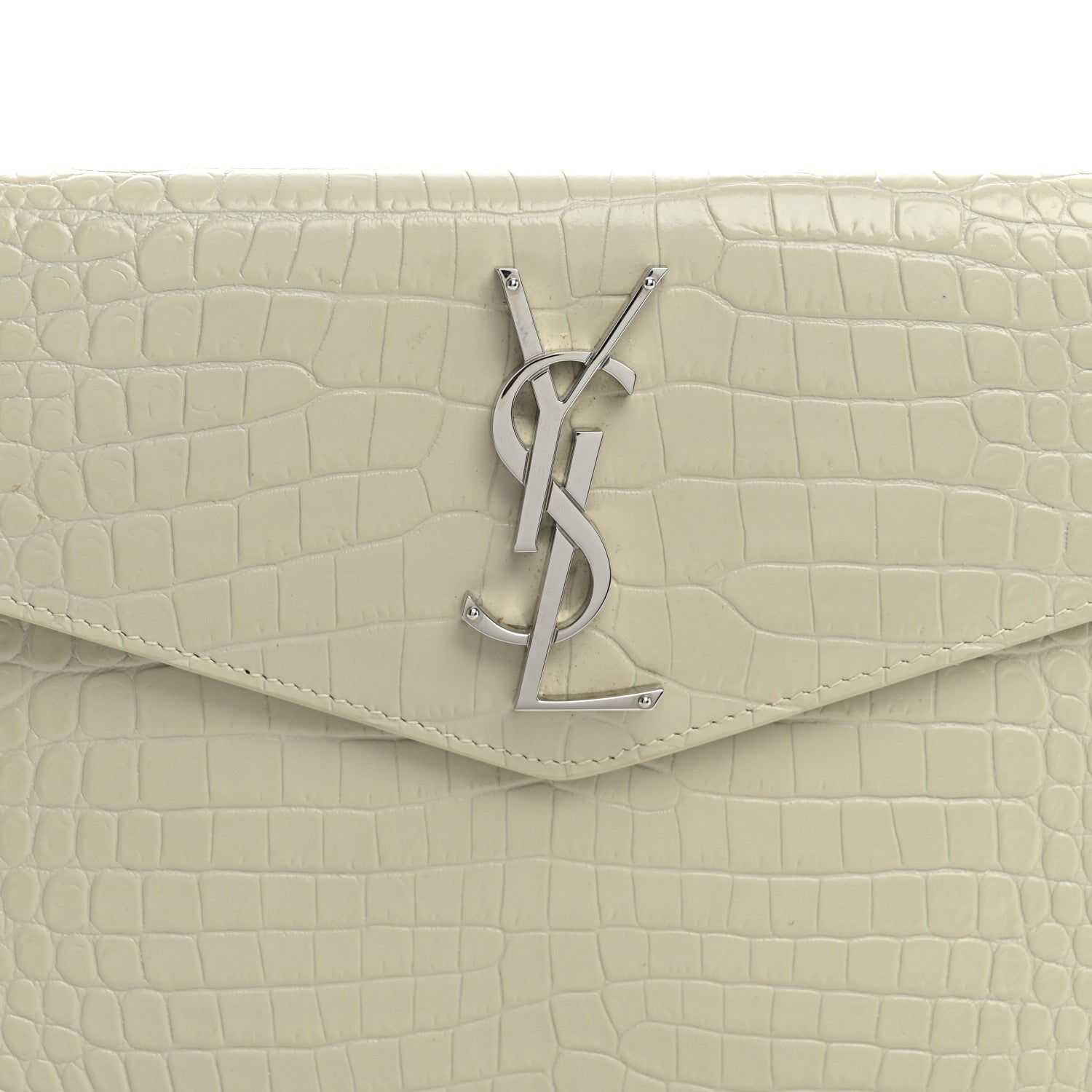 Saint Laurent Calfskin Crocodile Embossed Uptown Monogram Pouch Crema Soft 8 of 10