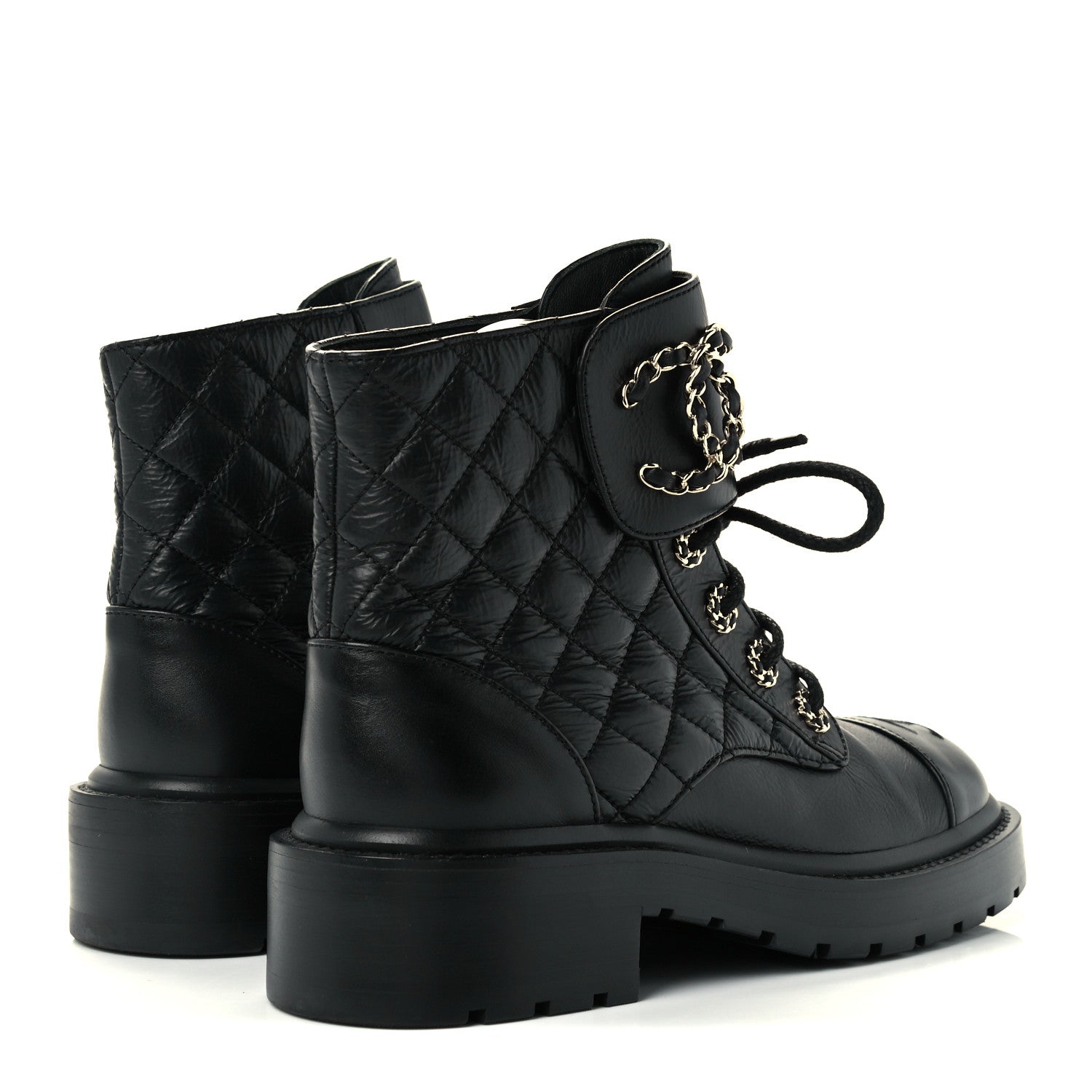 Chanel Lambskin Calfskin Quilted Lace Up Combat Boots 35.5 Black 4 of 13