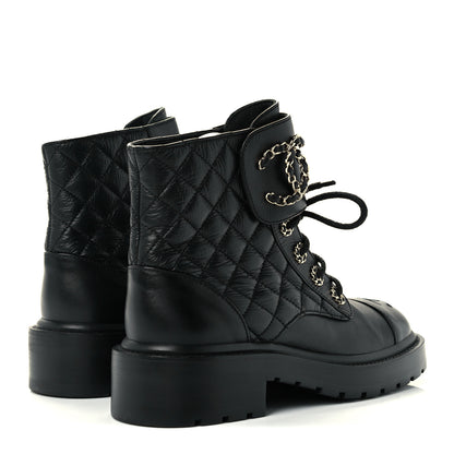 Chanel Lambskin Calfskin Quilted Lace Up Combat Boots 35.5 Black 4 of 13