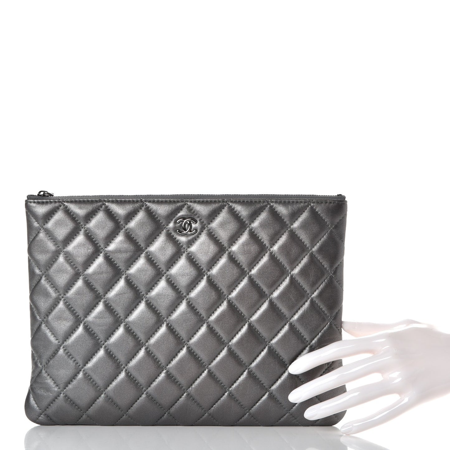 Metallic Lambskin Quilted Medium Cosmetic Case Silver