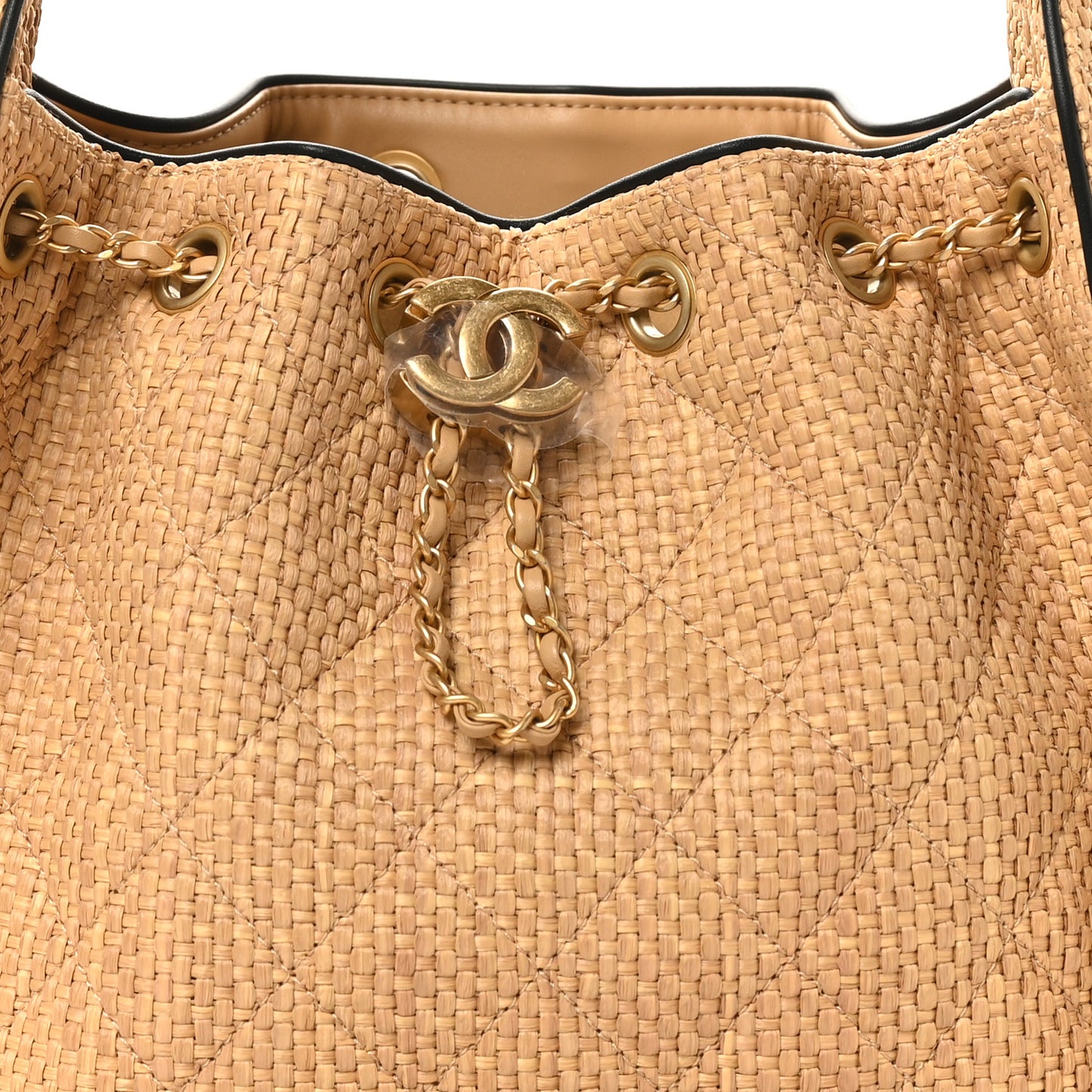 Braided Raffia Calfskin Quilted Small Chanel 25 Handbag Beige Black