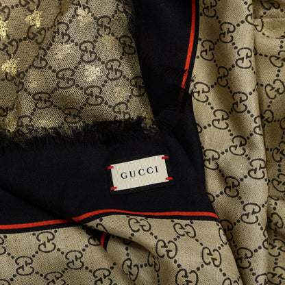 Gucci Modal Silk GG Monogram Big Bee GG Shawl Black Red 2 of 4