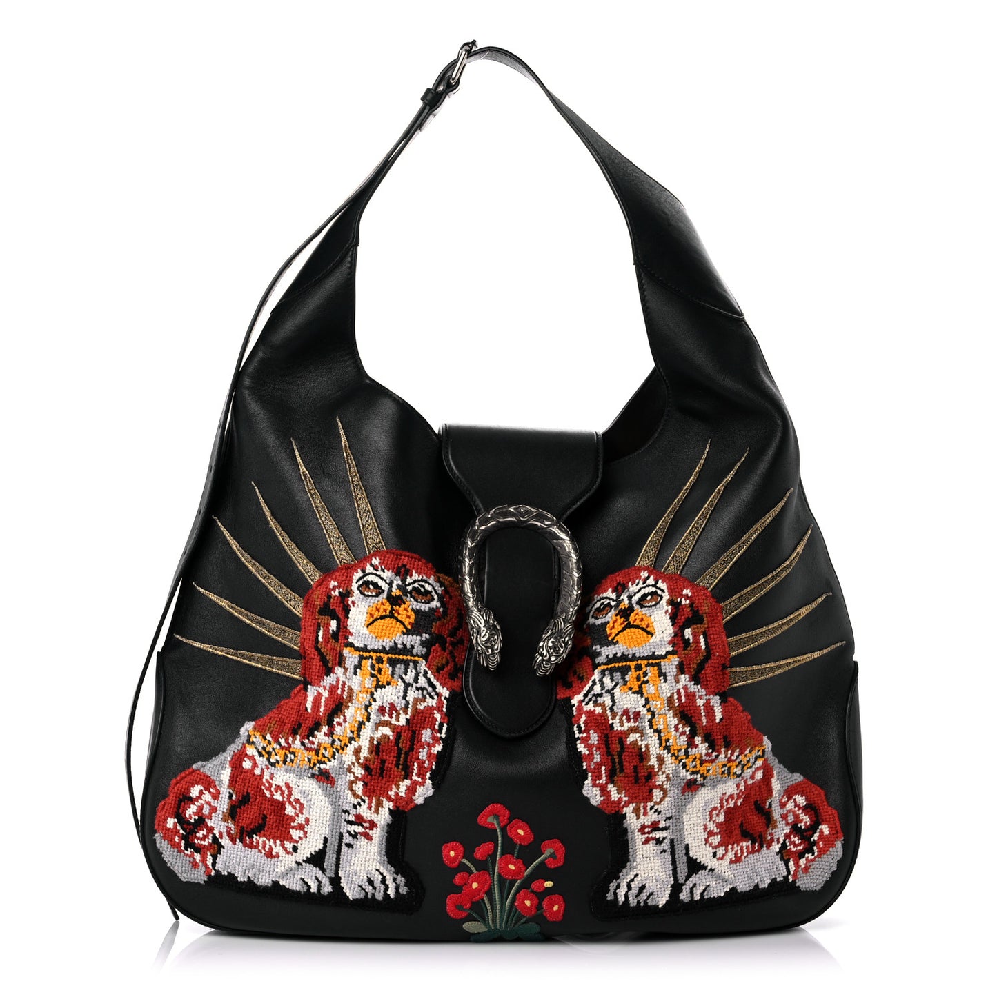 Calfskin Dog Embroidered Extra Large Dionysus Hobo Black